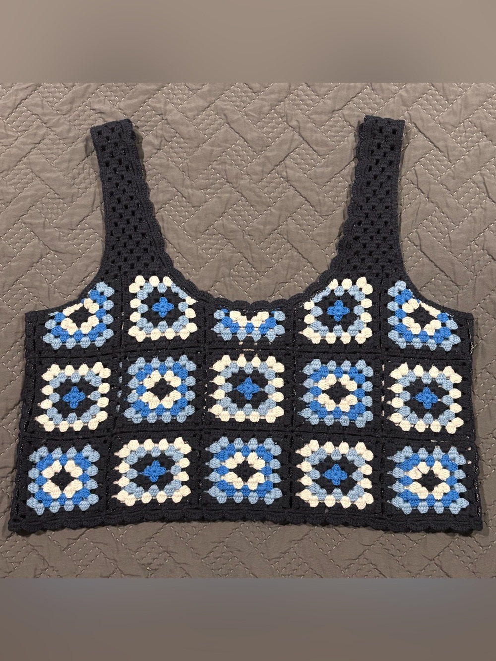 Sincerly Jules Navy Crochet Square-Panel Loose Fit Crop Top